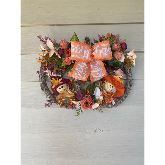 Fall Pumpkin Bamboo Wreath with Scarecrows, Thankful Bow & Autumn Florals - Picture 1 of 9